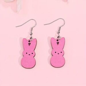 Pink Peep Bunny Earrings Cute‎ Easter Kawaii Wooden Dangle Jewelry